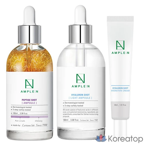 Набор для ухода AMPLE:N Peptide Shot Ampoule 100ml + Hyaluron Shot Light Ampoule 100ml + Hyaluron Shot Moisture Cream 30ml, 1 шт.