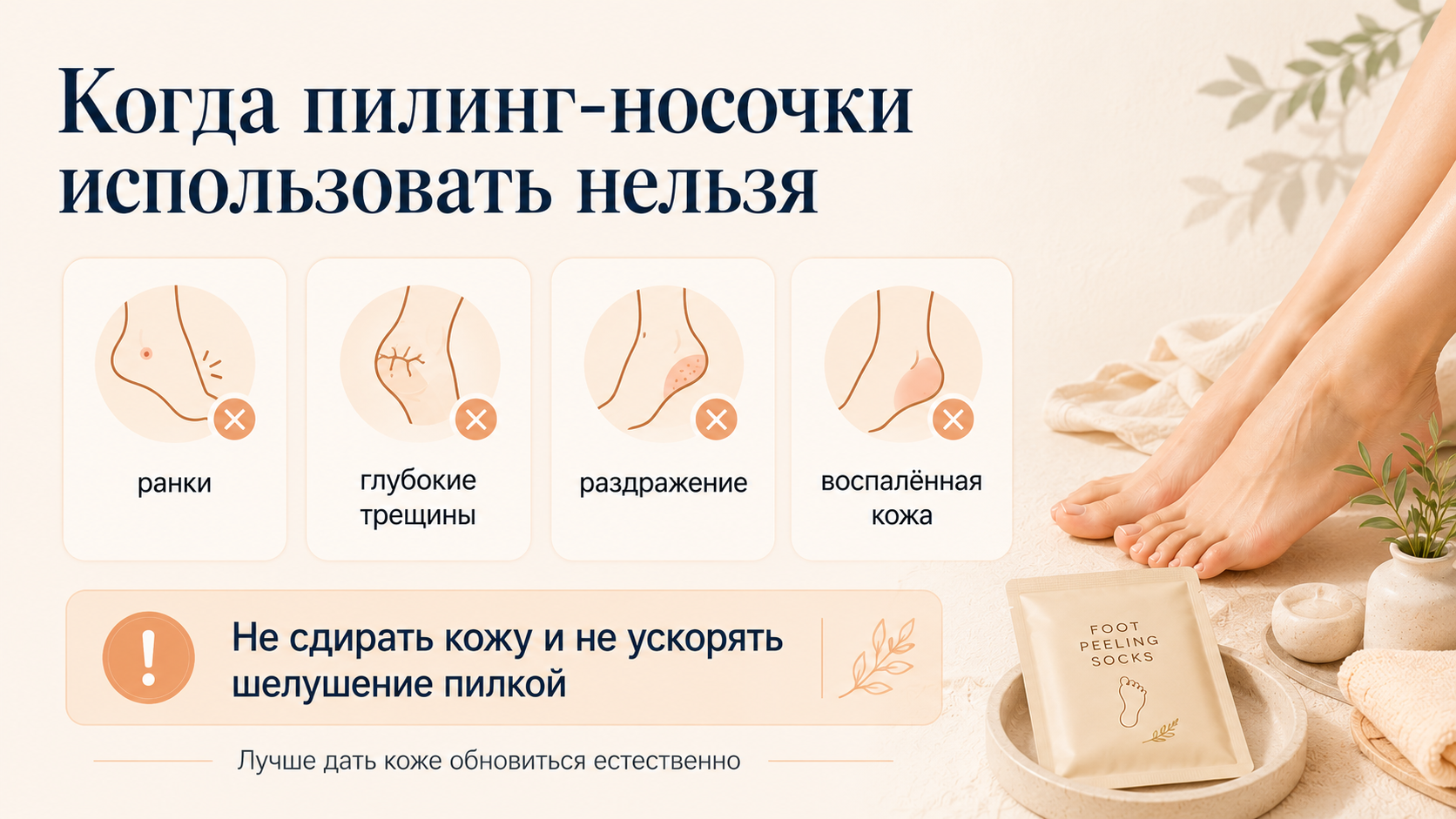 Когда пилинг-носочки для ног использовать нельзя. Визуал показывает основные ограничения: ранки, глубокие трещины, раздражение и воспалённую кожу. Правильный уход за стопами помогает избежать повреждений и сохранить здоровье кожи.