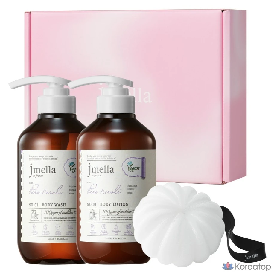 Набор для ухода Jmella In France Pure Neroli Vegan Body Wash 500ml + Body Lotion 500ml + Shower Ball Gift Set, 1 шт.