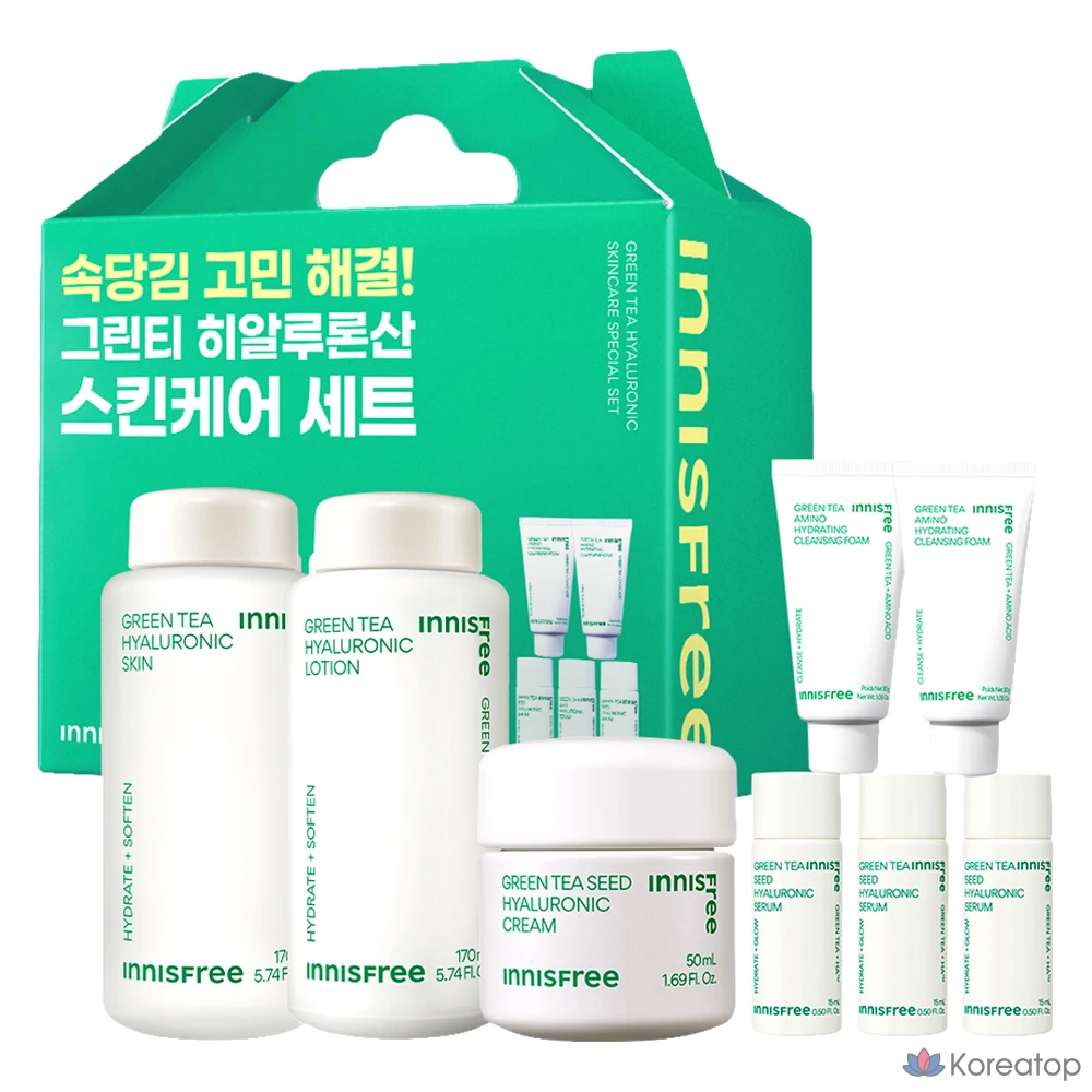 Набор для ухода Innisfree Green Tea Hyaluronic Acid Skincare 3-piece Set (Toner + Serum + Cream), 1 шт.