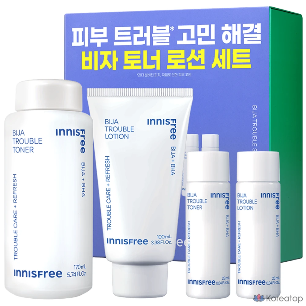 Набор для ухода Innisfree Bija Trouble 4-piece Set (Toner 170 мл + 25 мл + Lotion 100 мл + 25 мл), 1 шт.