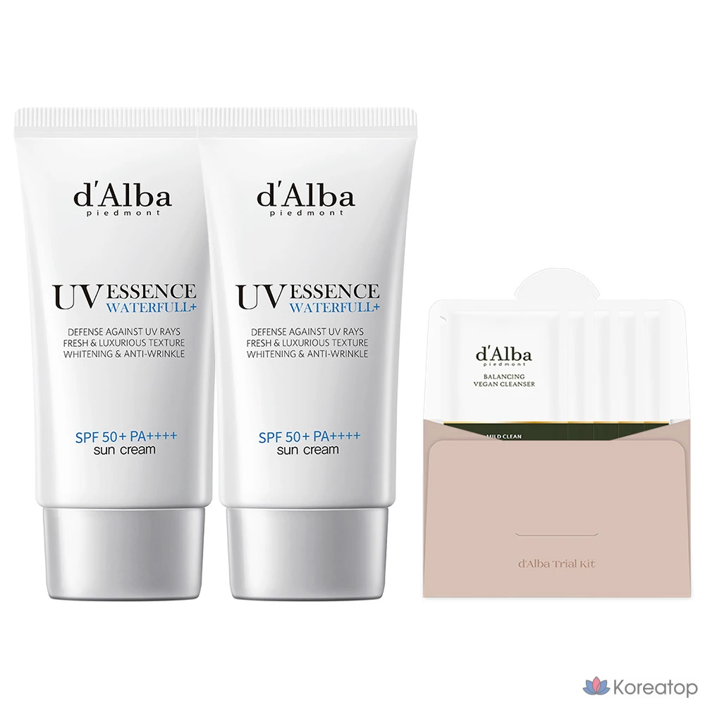 Набор для ухода d'Alba Waterful Essence Sun Cream SPF50+ PA++++ 50 мл x 2 шт + Balancing Vegan Gel Cleanser 3 мл x 5 шт, 1 шт.