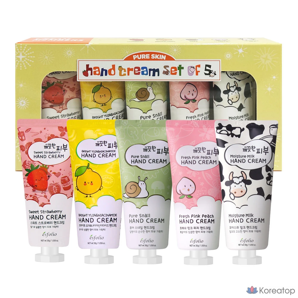 Набор для ухода Esfolio Clean Skin Hand Cream 5-piece Set (Strawberry Milk Yuzu Peach Snail), 150 г, 1 шт.