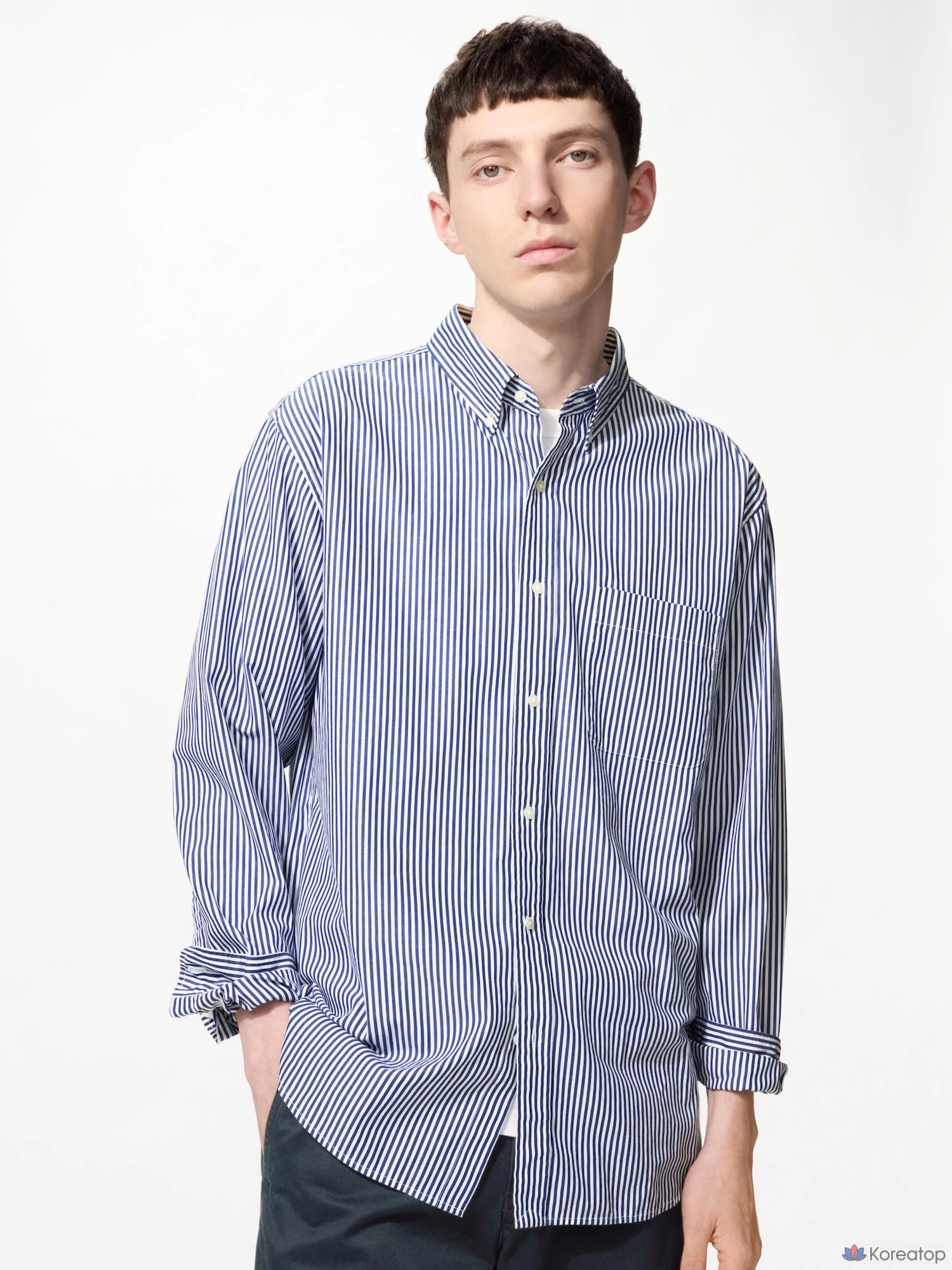 Рубашка Uniqlo Broadcloth Shirt Button-Down Collar, в полоску