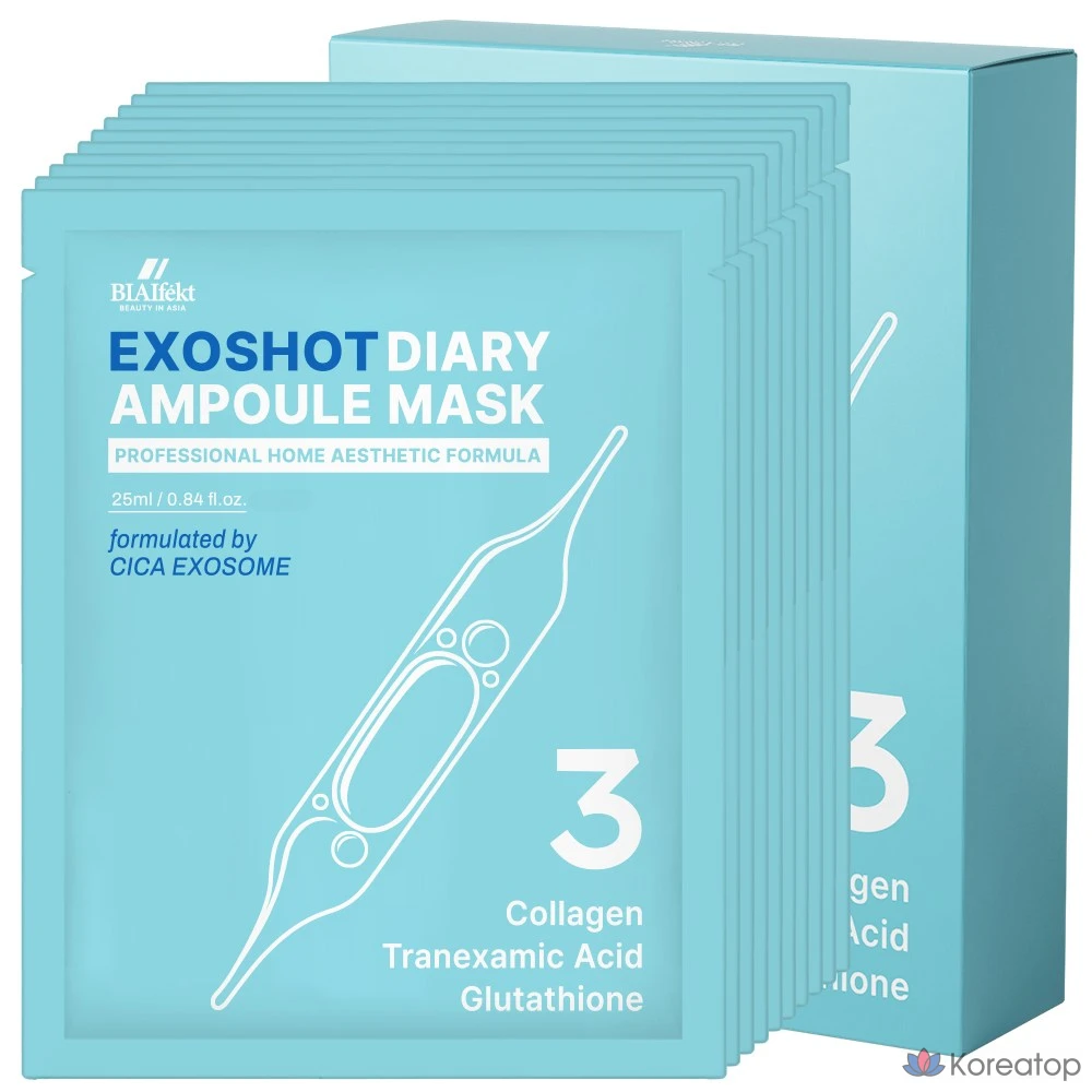 Тканевая маска для лица BIA EFFECT Exoshot Diary Ampoule Mask #3 Collagen Tranexamic Acid Glutathione, 25 мл, 20 шт.
