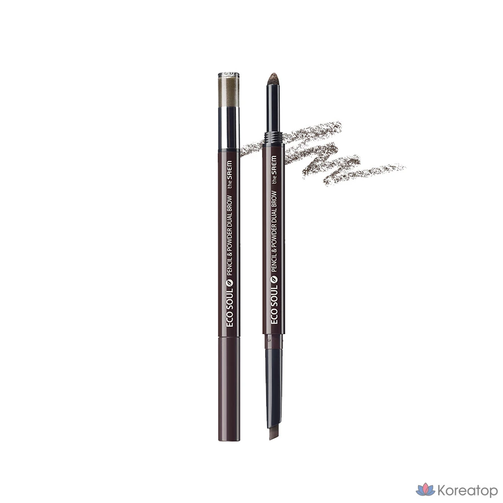 Карандаш для бровей The Saem Eco Soul Pencil & Powder Dual Eyebrow Auto Pencil, оттенок 02 Dark Brown, 0.3 г, 1 шт.