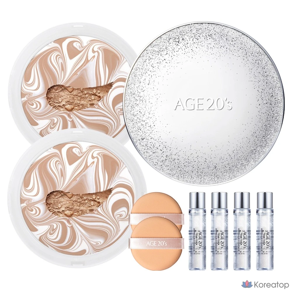 Пудра-компакт AGE 20S Essence Cover Pact Sparkle Case + Refill, оттенок 21 White Beige, 12.5 г x 2 шт. + 10 мл x 4 шт., 1 шт.
