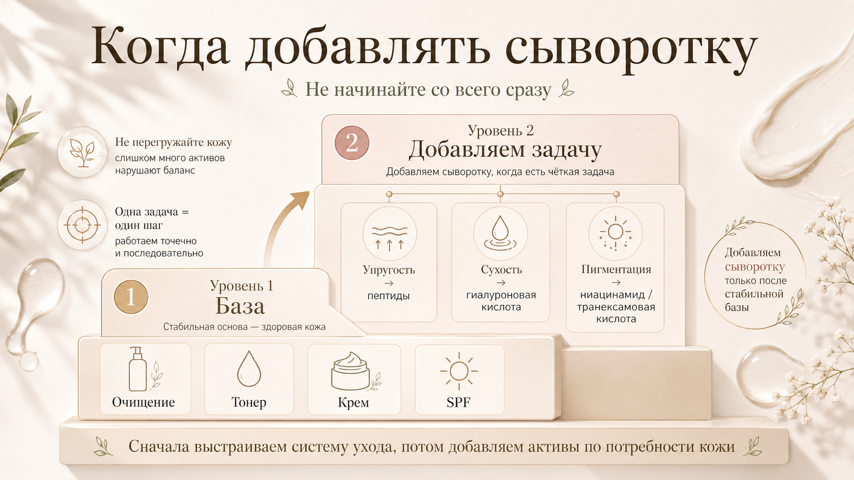 Когда добавлять сыворотку после 55: пошаговая схема ухода за зрелой кожей. Базовый уход с очищением, тонером, кремом и SPF, затем активные средства для упругости, сухости и пигментации.