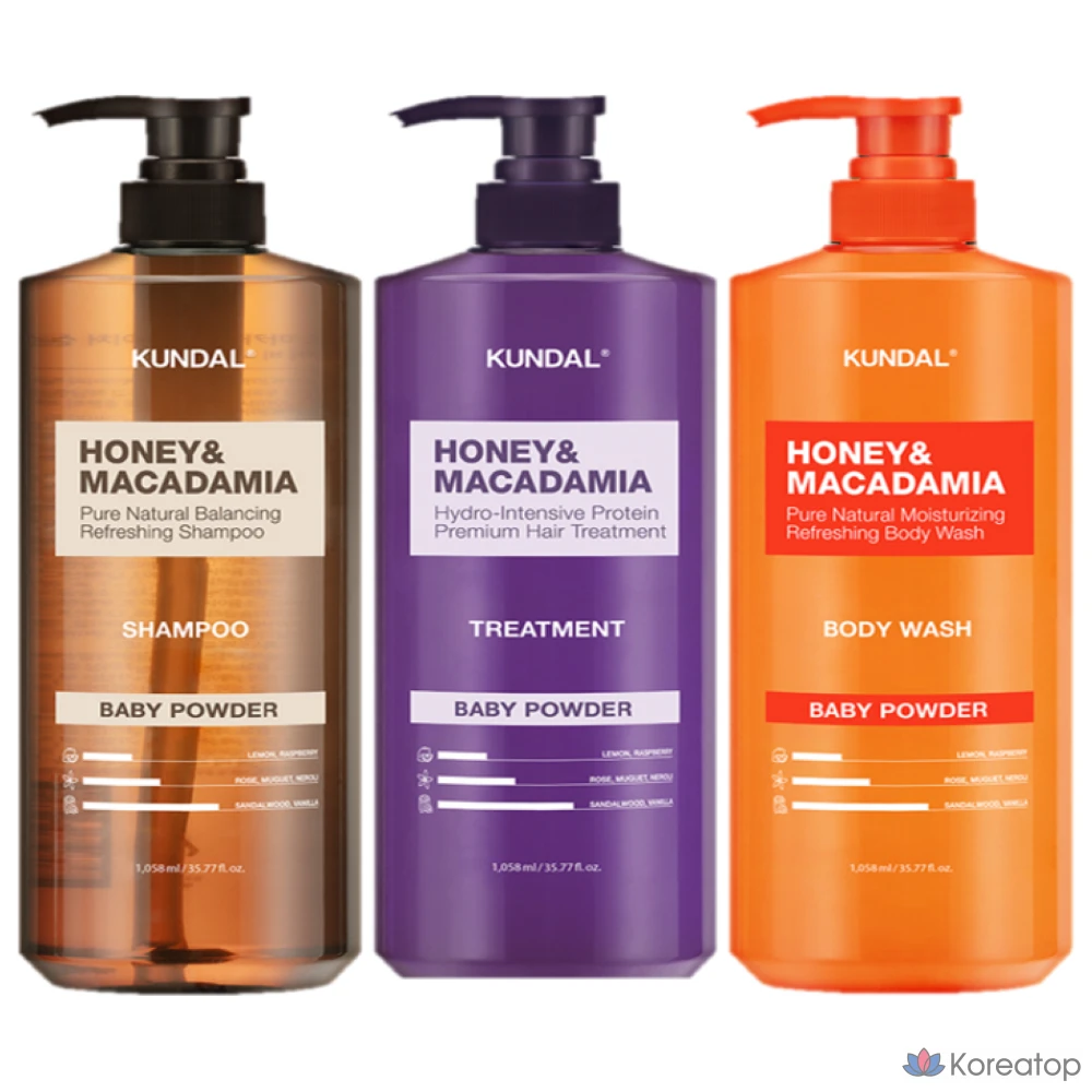 Набор для ухода Kundal Nature Shampoo + Treatment + Bodywash, аромат Baby Powder, 500 мл, 1 шт.