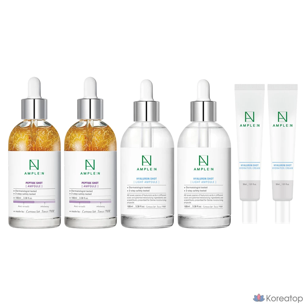 Набор для ухода AMPLE:N Peptide Shot Ampoule 100ml + Hyaluron Shot Light Ampoule 100ml + Hyaluron Shot Moisture Cream 30ml, 2 шт.