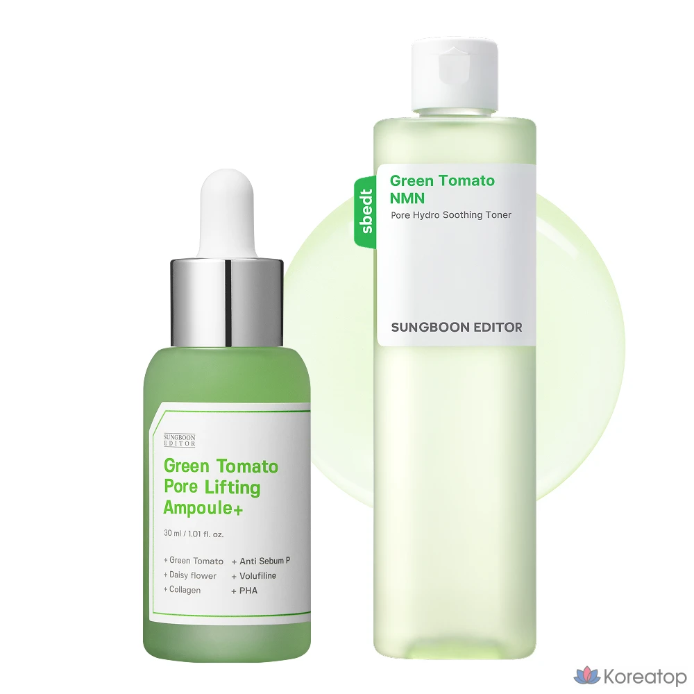 Набор для ухода Sungboon Editor Green Tomato Hyaluronic Acid Pore Minimizing Ampoule 30ml + Green Tomato Soothing Low-irritation Toner 350ml, 1 шт.