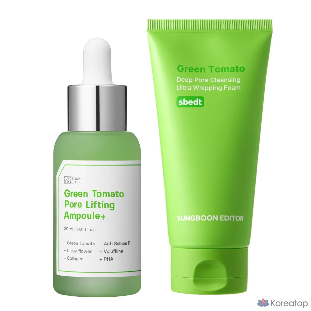 Набор для ухода Sungboon Editor Green Tomato Hyaluronic Acid Pore Reducing Ampoule + Green Tomato Deep Pore Deep Cleansing Cream Foam, 1 шт.