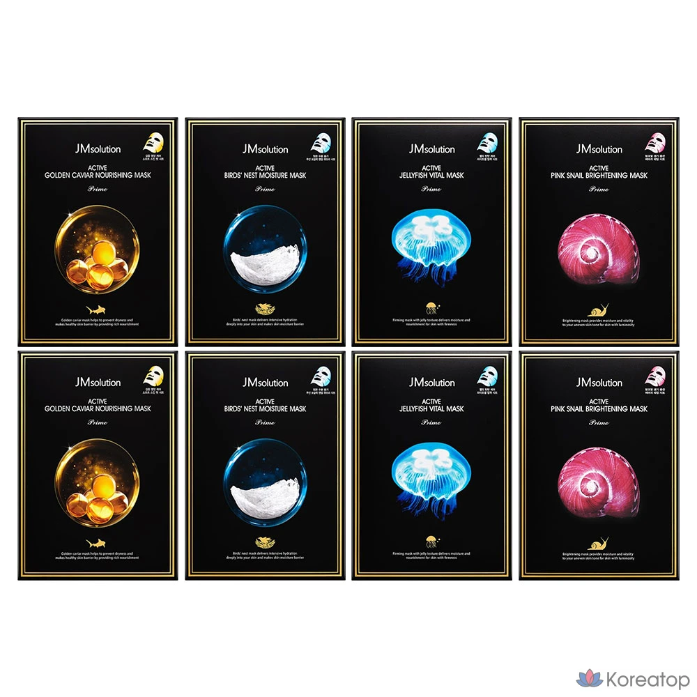 Тканевая маска для лица JM Solution Active Solution Golden Caviar 10p + Bird's Nest 10p + Pink Snail 10p + Jellyfish 10p Mask Pack Set, 80 шт.