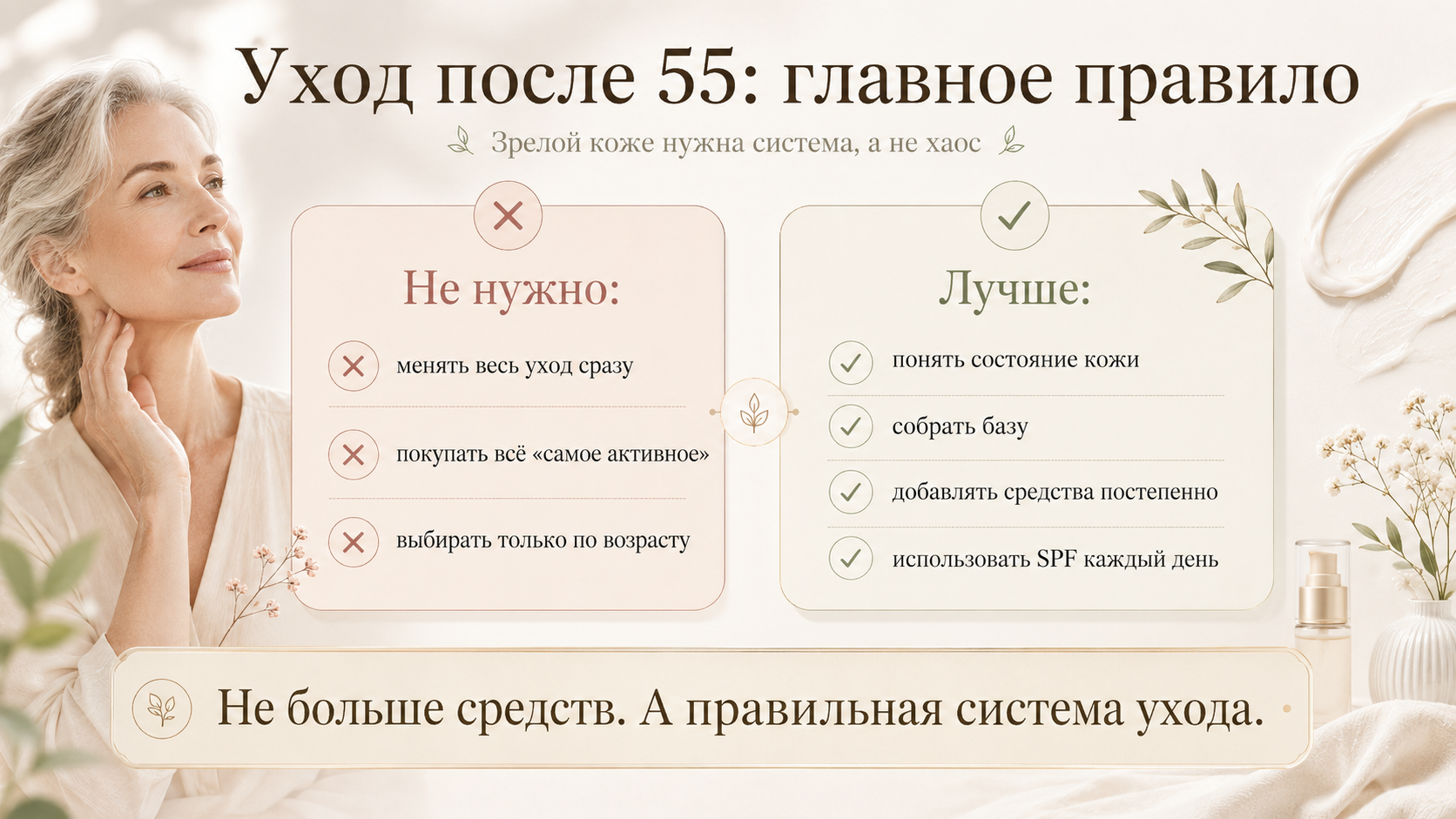 Главные правила ухода после 55: зрелой коже нужна система, а не большое количество средств. Как правильно подобрать корейскую косметику — понять состояние кожи, собрать базовый уход и постепенно добавлять активы.