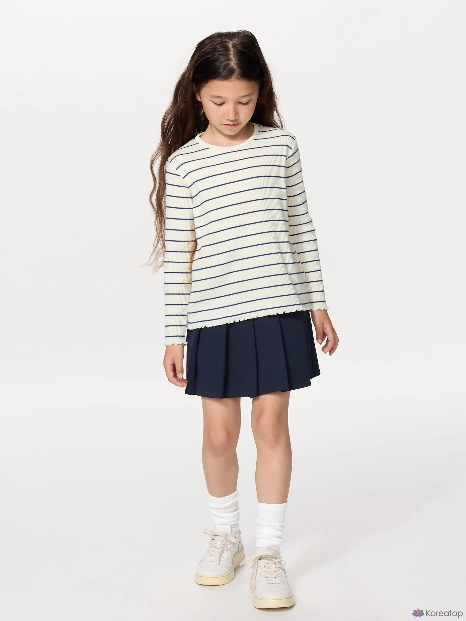 Футболка для девочек Uniqlo Rib Crew Neck Long Sleeve T-Shirt, в полоску