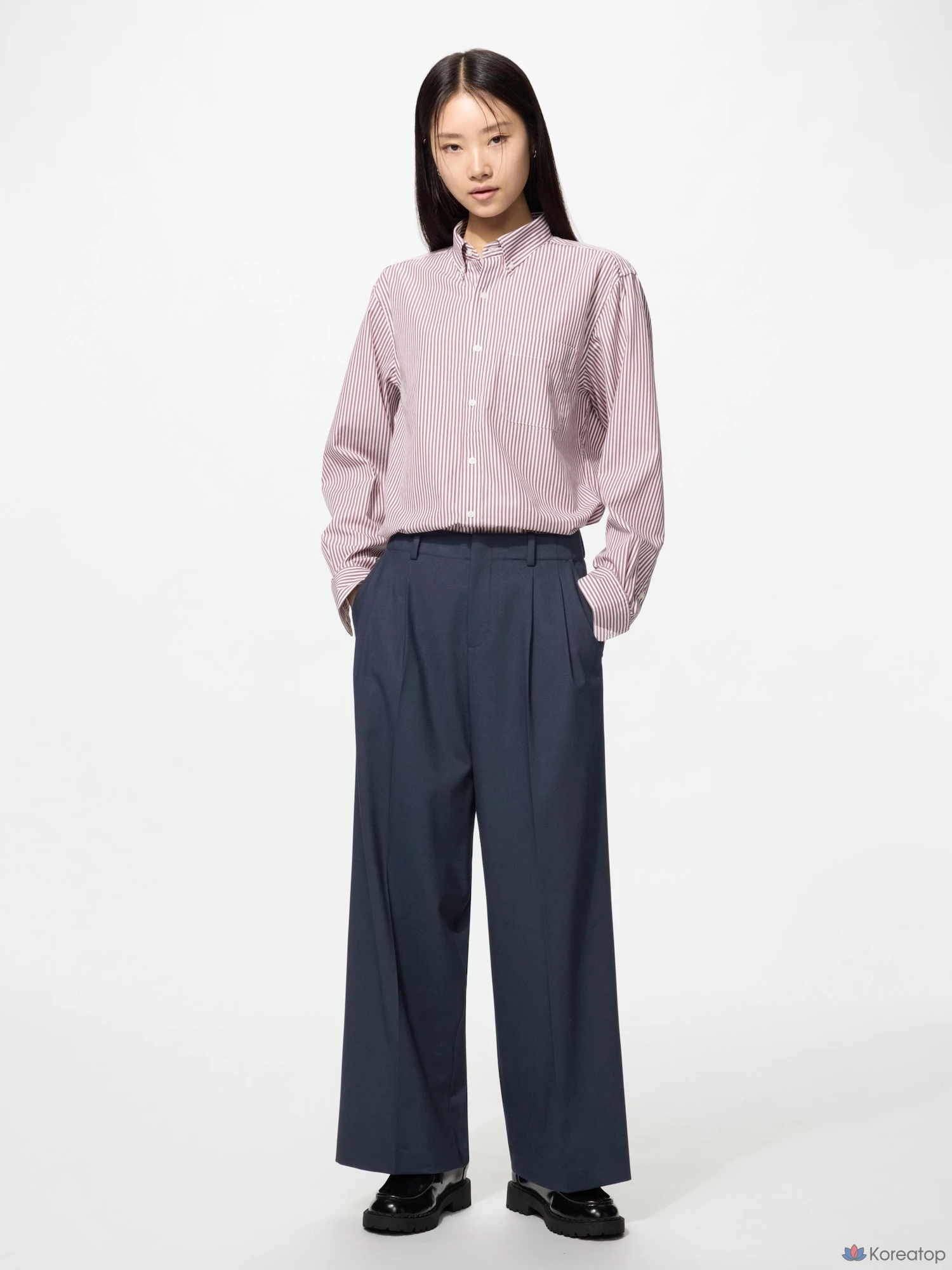 Рубашка Uniqlo Broadcloth Shirt Button-Down Collar, в полоску, фото 4