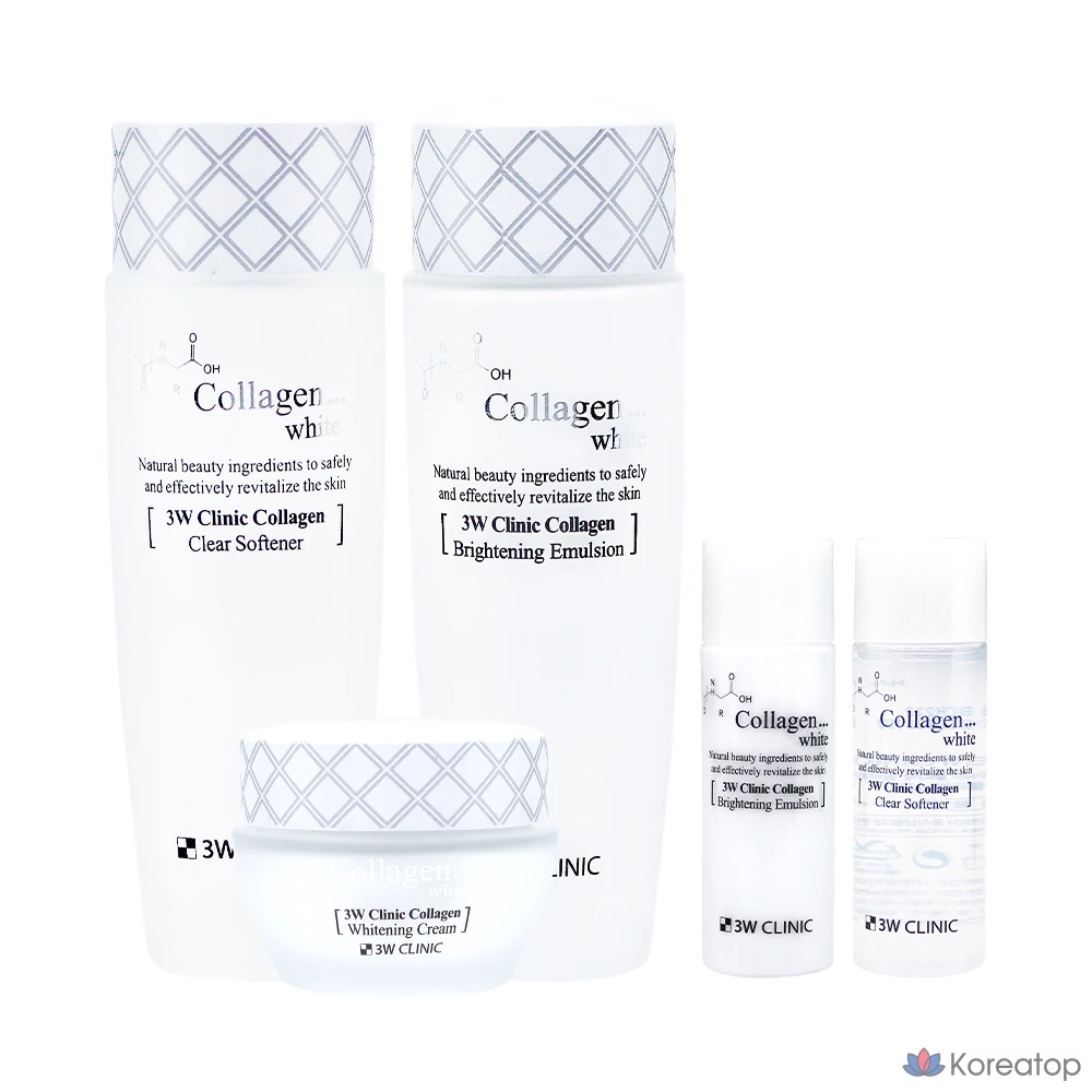 Набор для ухода 3W Clinic Collagen White Skincare 3-piece Set (Softener 150 мл + Emulsion 150 мл + Cream 60 г + Softener 30 мл + Emulsion 30 мл), 1 шт.