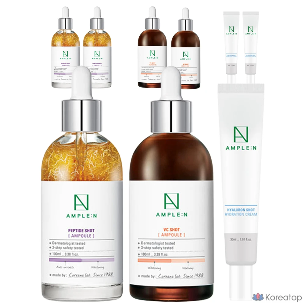 Набор для ухода AMPLE:N Peptide Shot Ampoule 100ml + VC Shot Ampoule 100ml + Hyaluron Shot Moisture Cream 30ml, 3 шт.