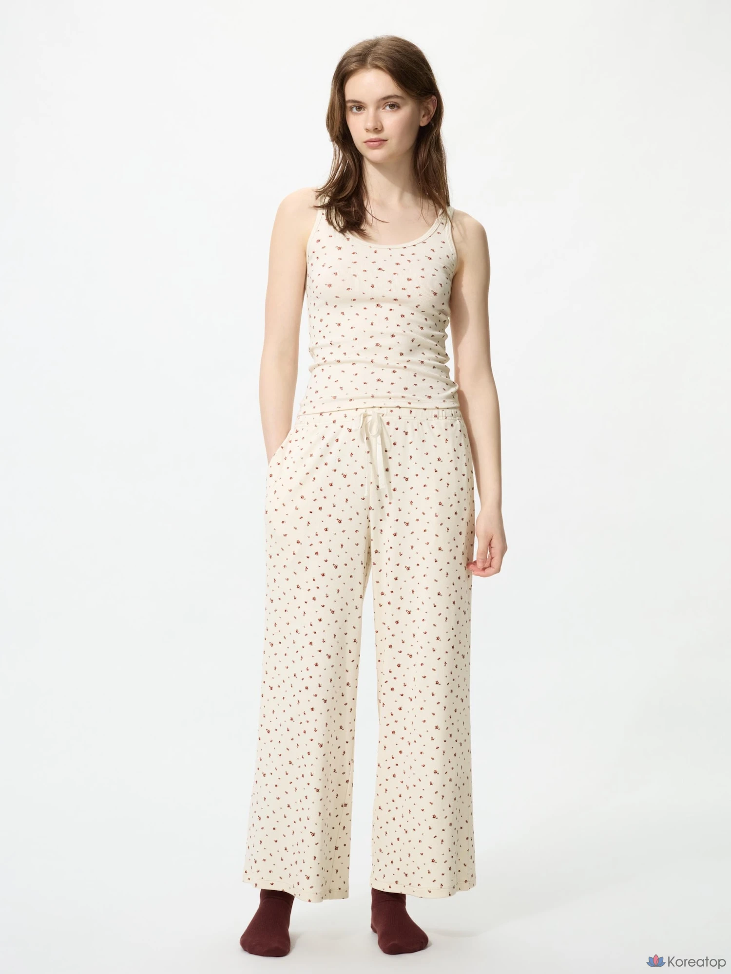 Брюки Uniqlo Rib Wide Easy Pants, цветочный принт