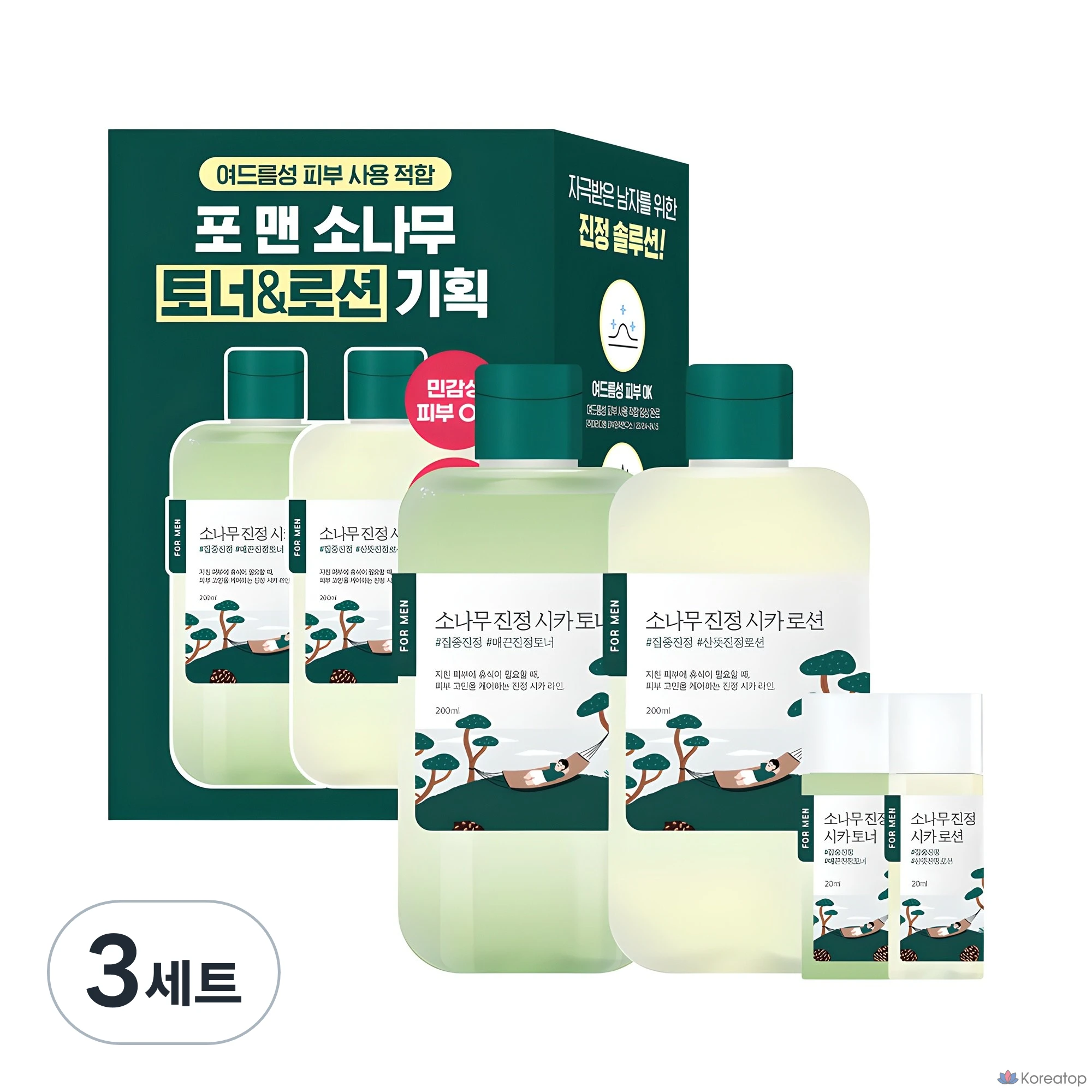 Набор для ухода Round Lab For Men Pine Cica Toner + Lotion 3-piece Set, 3 шт.