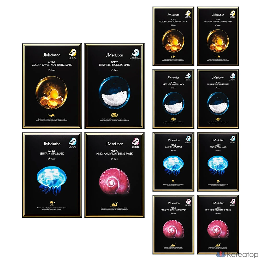 Тканевая маска для лица JM Solution Active Solution Golden Caviar 10p + Bird's Nest 10p + Pink Snail 10p + Jellyfish 10p Mask Pack Set, 120 шт.
