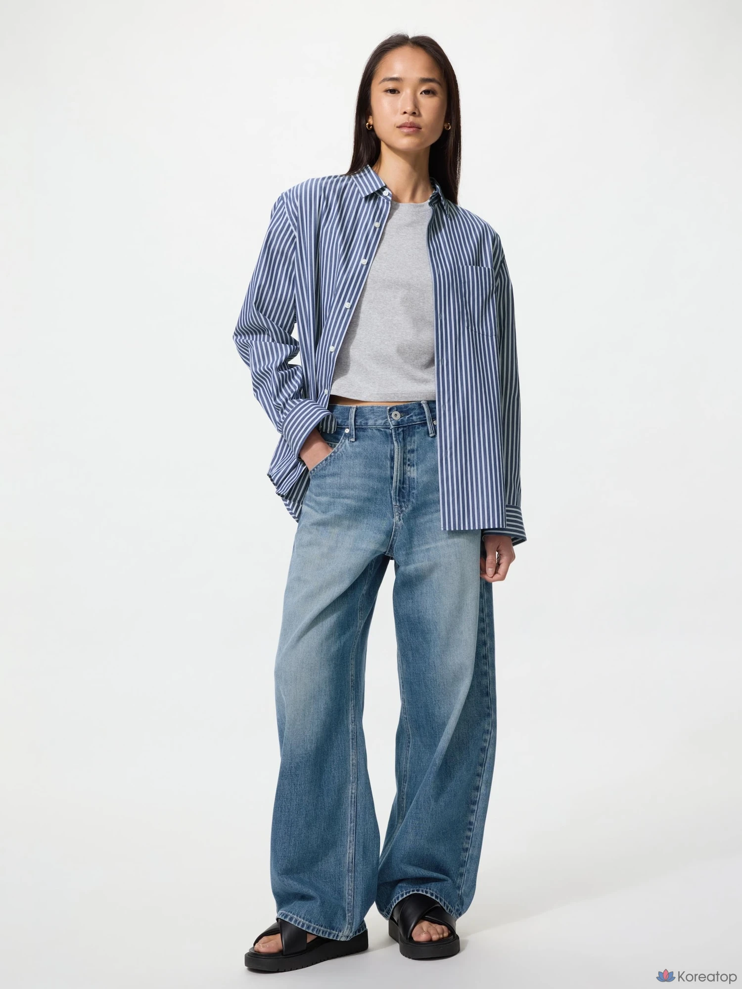 Рубашка Uniqlo Broadcloth Shirt Button-Down Collar Stripe E