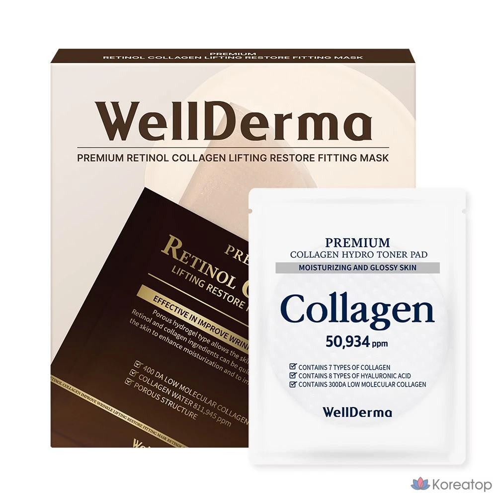 Набор для ухода WellDerma Retinol Collagen Gel Mask Signature Edition Set (Тканевая маска для лица 4 шт. + Пэды с тонером 2 шт.), 6 шт.