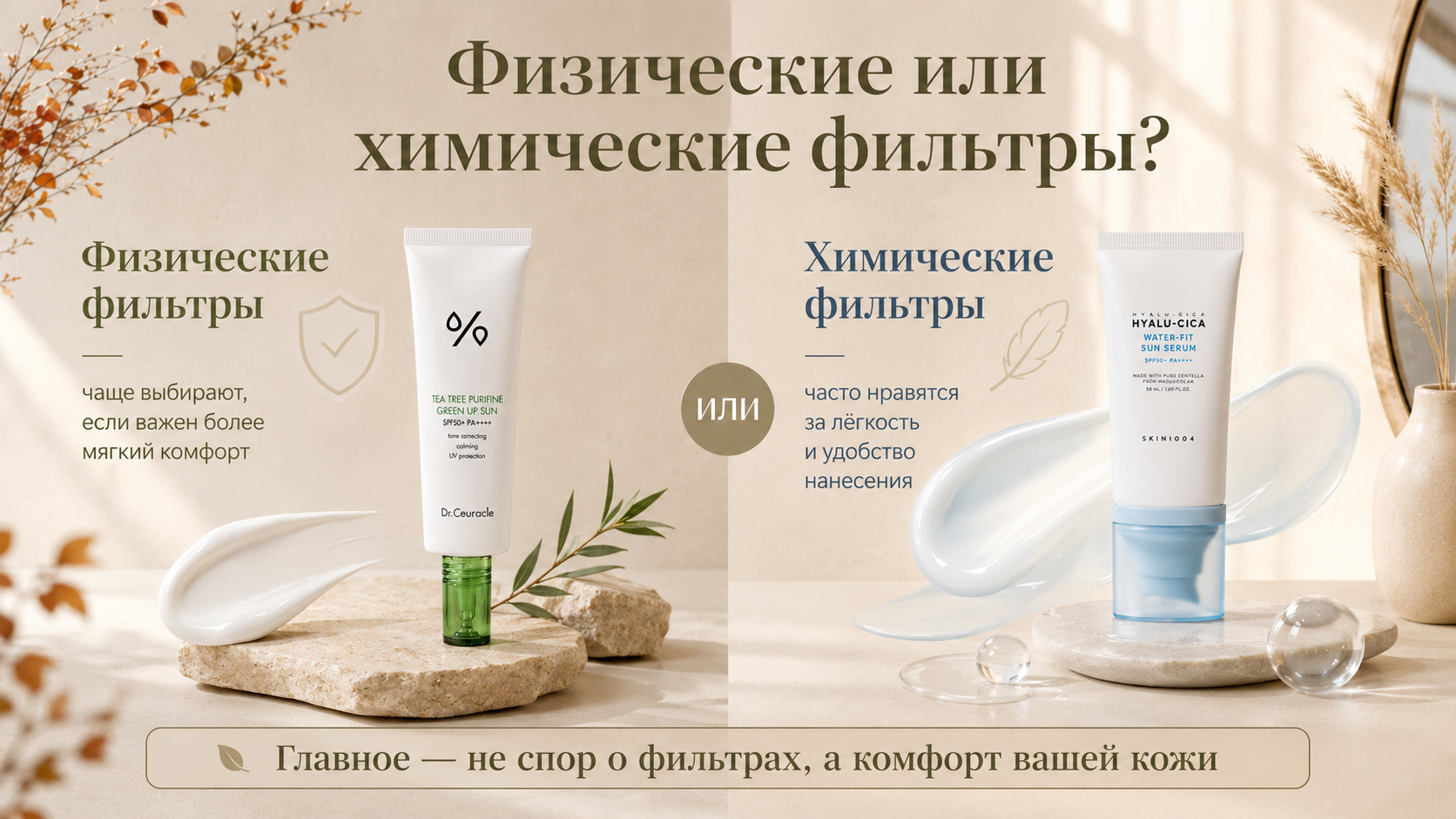 Разница между физическими и химическими фильтрами SPF: минеральная и органическая защита, текстуры и комфорт кожи.