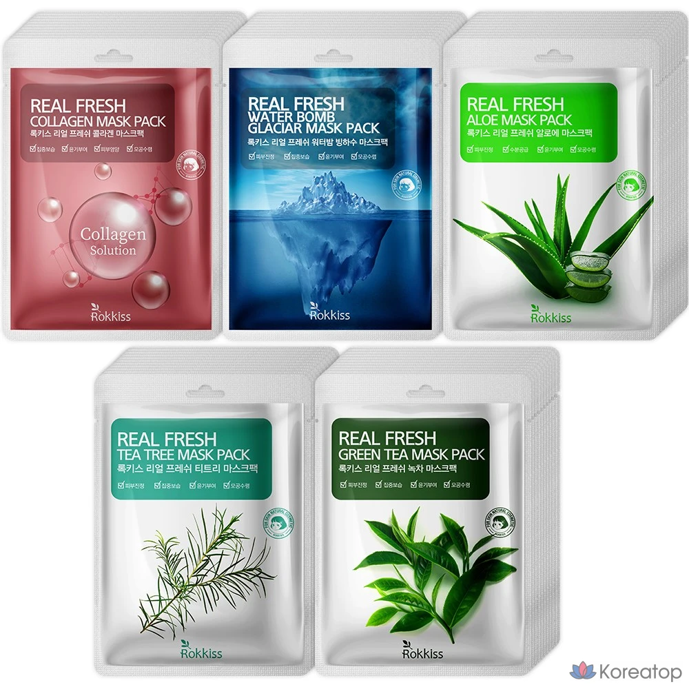Тканевая маска для лица Wonjin Real Fresh Mask Pack Set (Glacial Water 10p + Collagen 10p + Tea Tree 10p + Aloe 10p + Green Tea 10p), 50 шт.