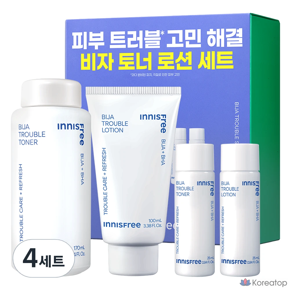 Набор из 4 комплектов: тоник Innisfree Bija Trouble 170 мл + 25 мл + лосьон 100 мл + 25 мл.