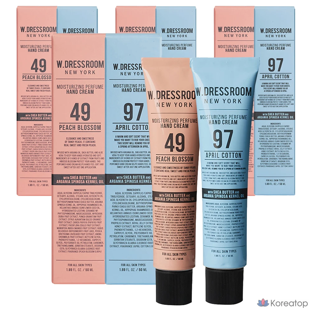Набор для ухода W.Dressroom Perfume Hand Cream 50 ml Set (Peach Blossom + April Cotton), 4 шт.
