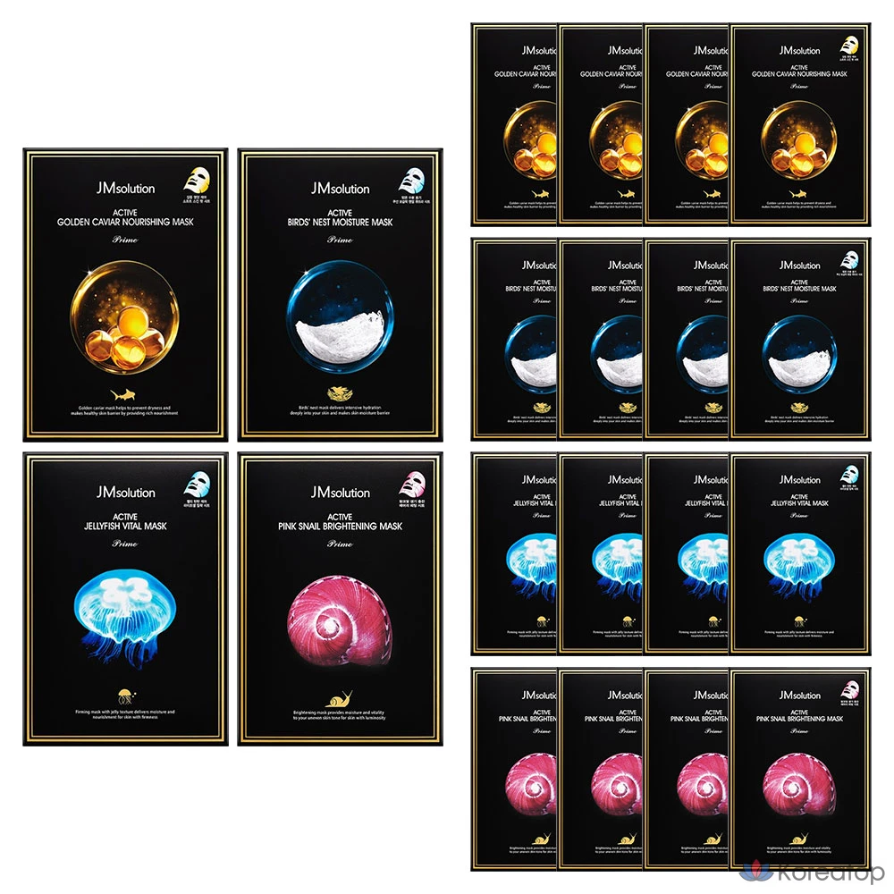Тканевая маска для лица JM Solution Active Solution Golden Caviar 10p + Bird's Nest 10p + Pink Snail 10p + Jellyfish 10p Mask Pack Set, 40 шт.