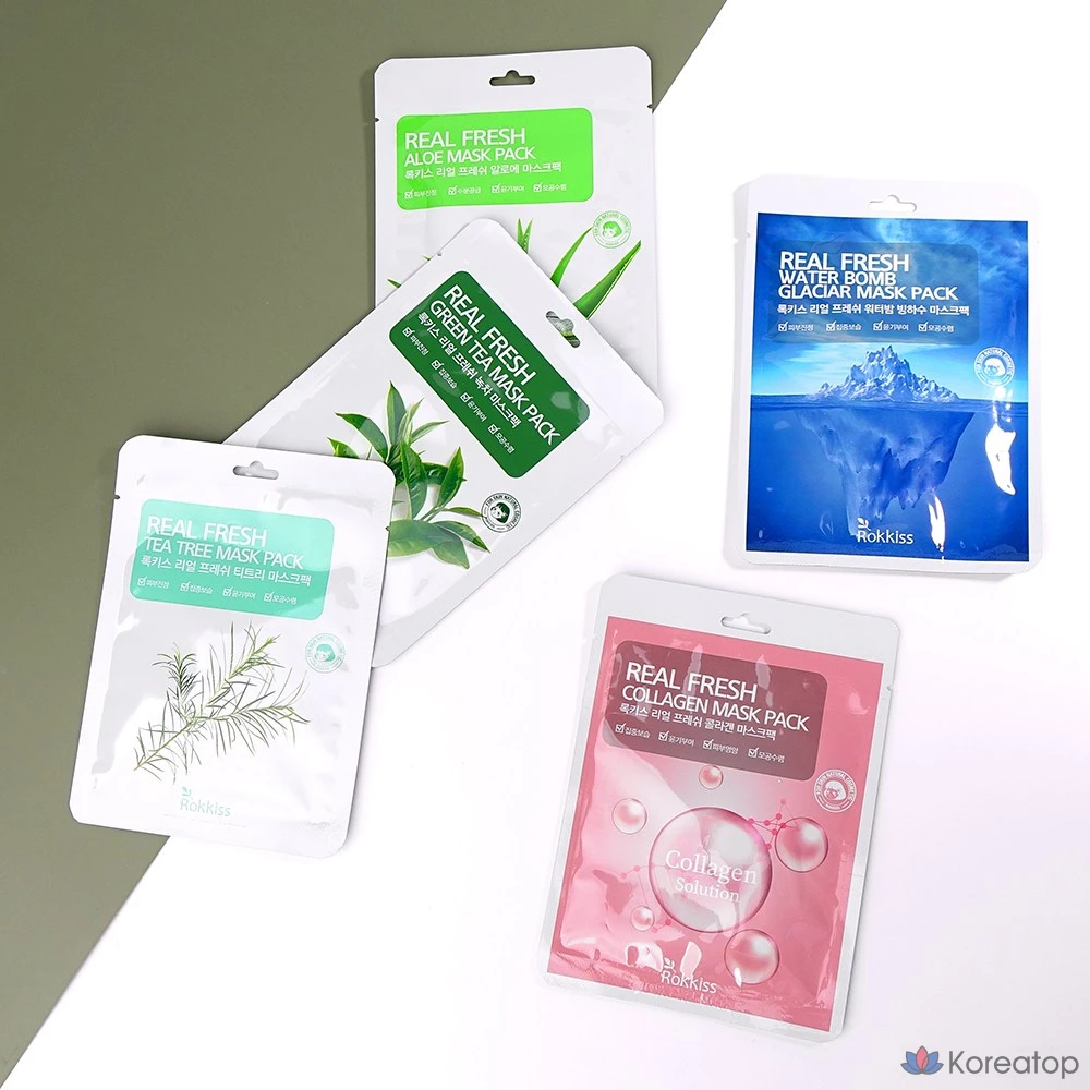Тканевая маска для лица Wonjin Real Fresh Mask Pack Set (Glacial Water 10p + Collagen 10p + Tea Tree 10p + Aloe 10p + Green Tea 10p), 50 шт.