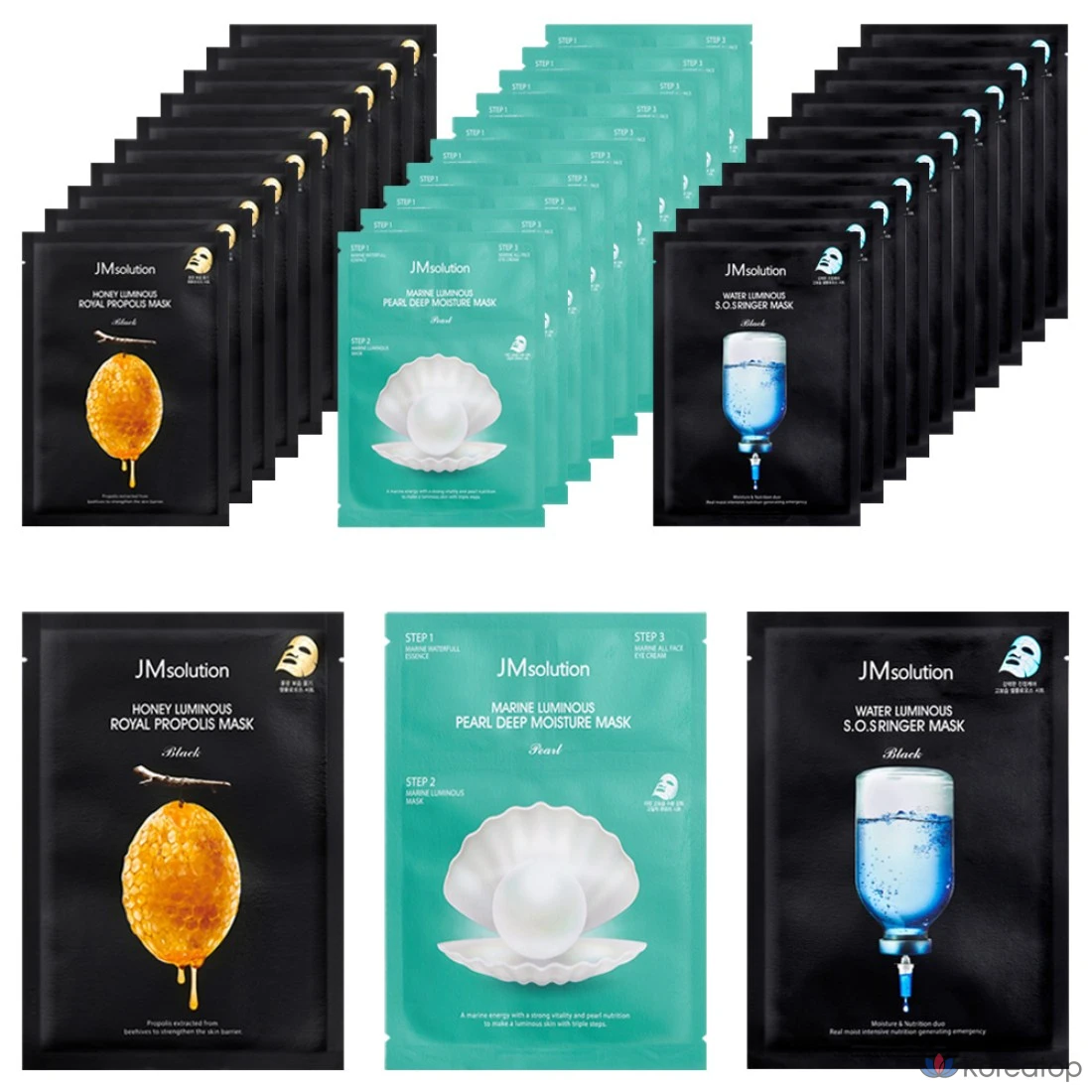 Тканевая маска для лица JM Solution Best Honey Glow + Water Glow + Blue Glow Plus Large Capacity Mask Pack 3-piece Set, 30 шт.