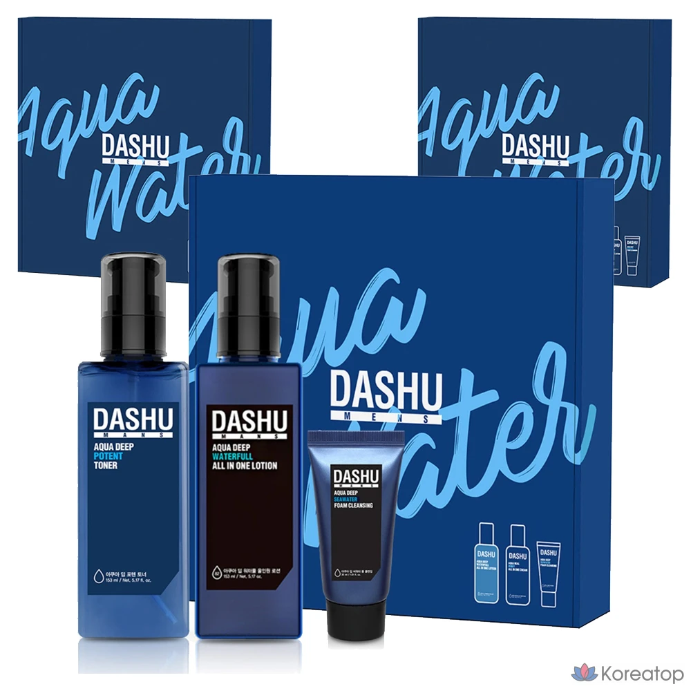 Набор для ухода DASHU Men's Aqua Skincare Basic Poten 3-piece Set (Toner 153 ml + All-in-One Lotion 153 ml + Foam Cleansing 30 ml), 3 шт.