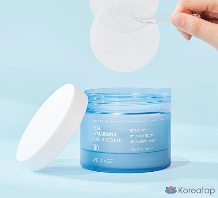 Тонер WELLAGE Real Hyaluronic Blue 100 Toner Pad, 210 мл, 70 шт.