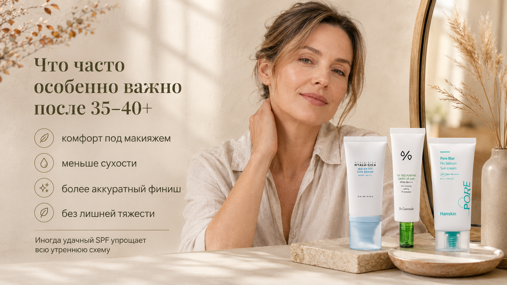 Как выбрать SPF после 35–40 лет: комфорт под макияжем, меньше сухости, аккуратный результат и подходящая текстура.