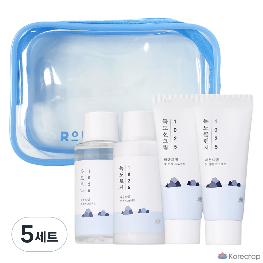 Набор для ухода Round Lab 1025 Dokdo Travel Kit (Toner + Lotion + Sun Cream + Cleanser + Pouch), 5 шт.