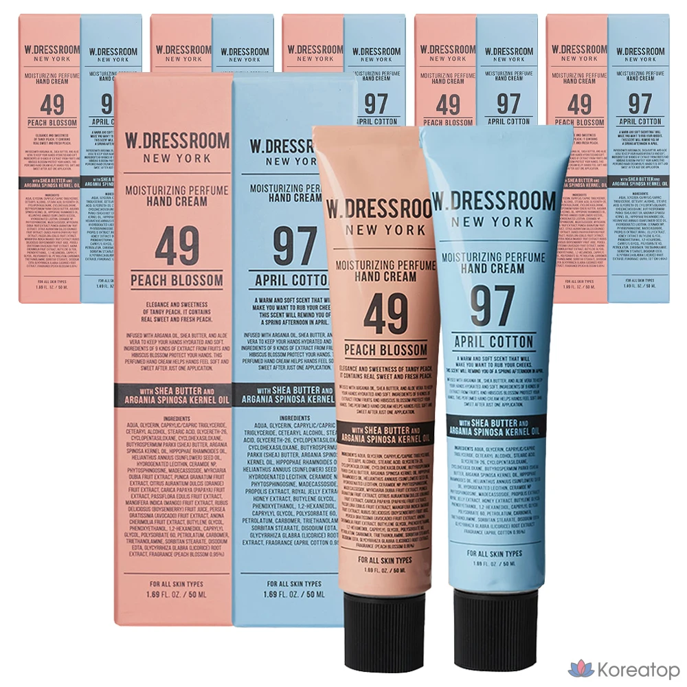 Набор для ухода W.Dressroom Perfume Hand Cream 50 ml Set (Peach Blossom + April Cotton), 6 шт.