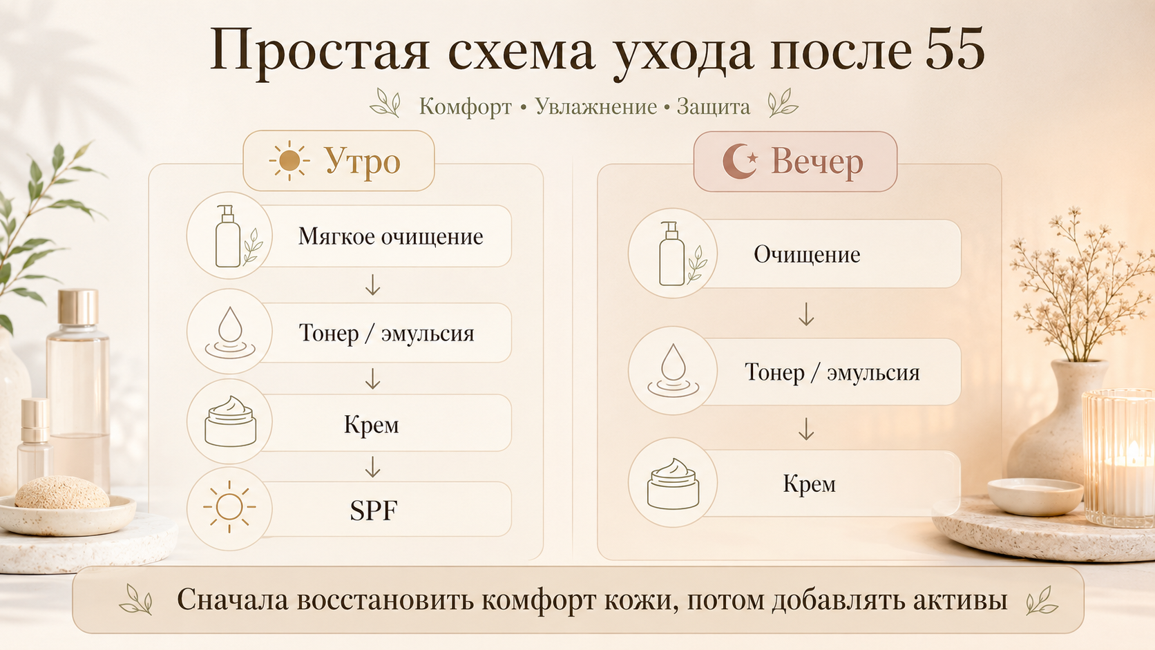 Схема ухода за зрелой кожей после 55: утренний и вечерний уход с очищением, тонером, эмульсией, кремом и SPF. Простая система корейского ухода для увлажнения, комфорта и защиты кожи
