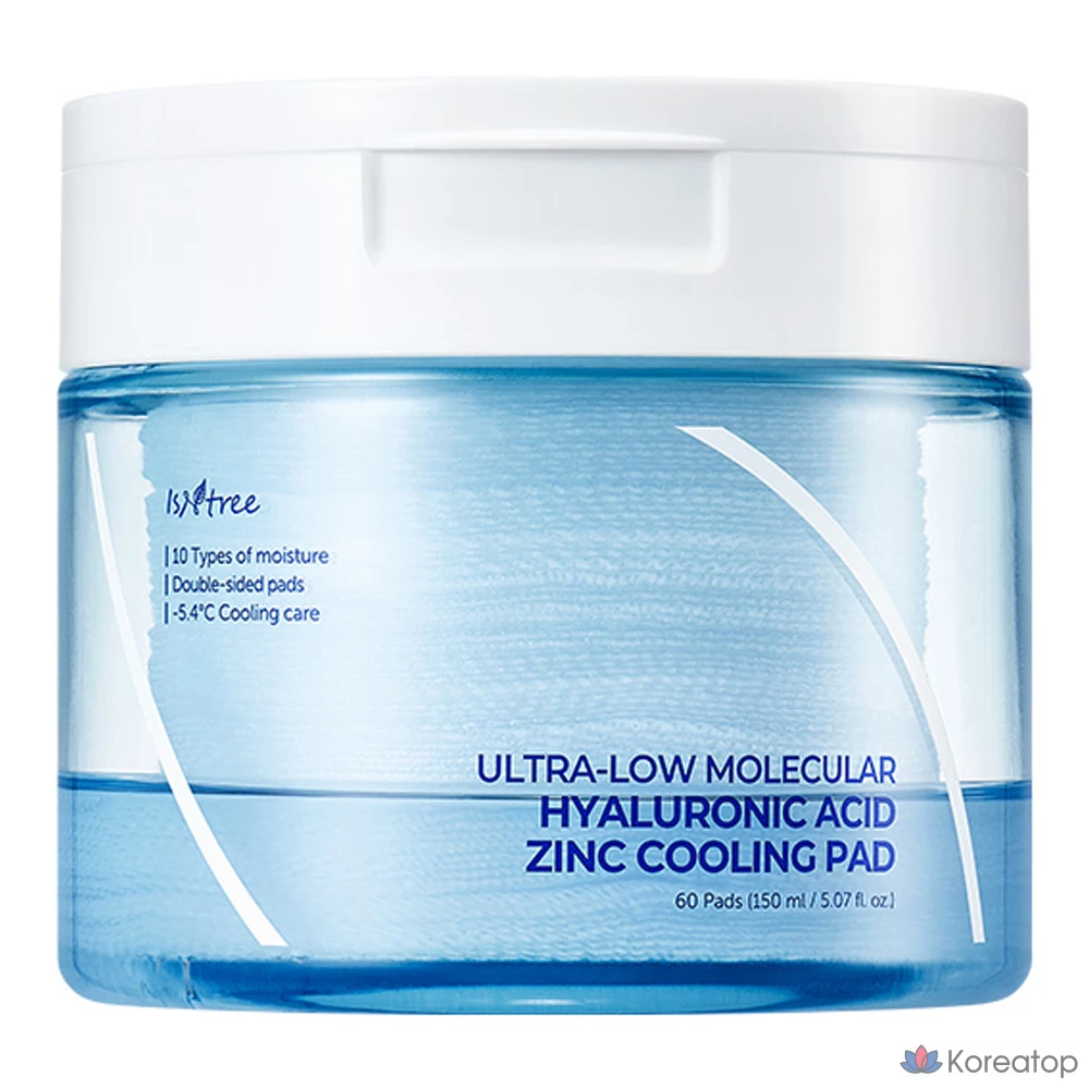 Пэды для лица Isntree Ultra-Low Molecular Hyaluronic Acid Zinc Cooling Pad, 150 мл, 60 шт.
