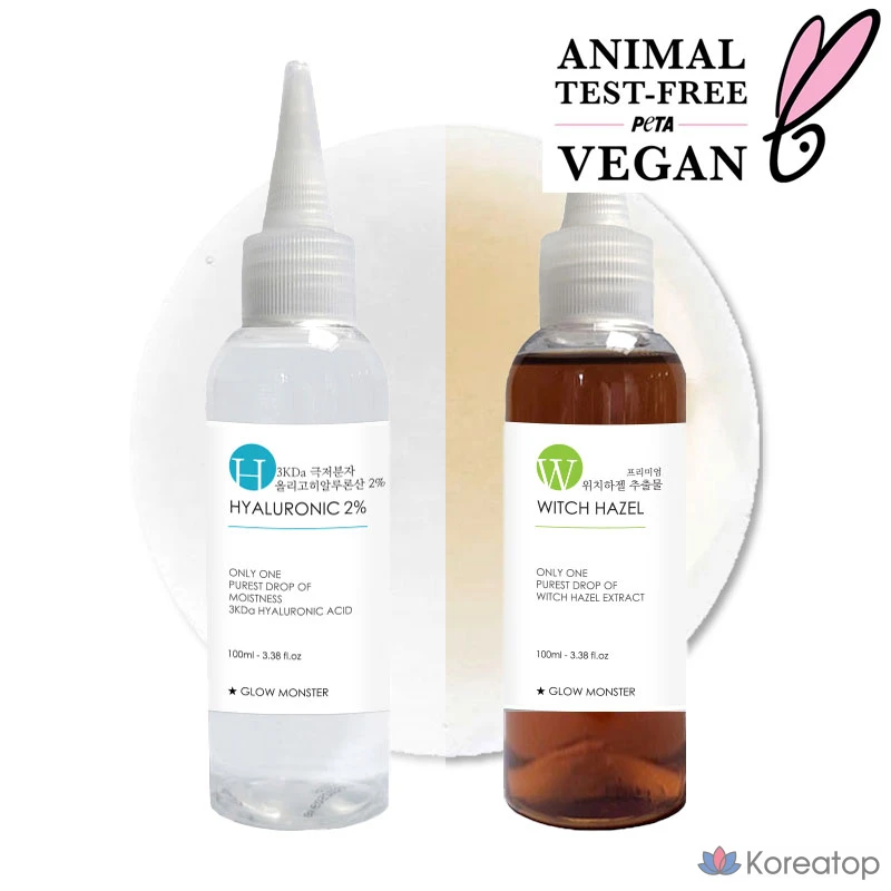 Набор для ухода Glow Monster Premium Witch Hazel Extract + 3Kda Oligo Hyaluronic Acid 2% Serum, 100 мл + 100 мл, 2 шт.