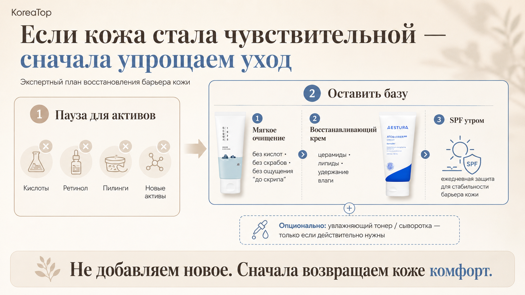 Схема упрощения ухода при чувствительной коже: временная пауза в использовании кислот, ретинола и пилингов, мягкое очищение, восстанавливающий крем и SPF. Round Lab 1025 Dokdo Cleanser и AESTURA Atobarrier 365 Cream показаны как примеры средств.