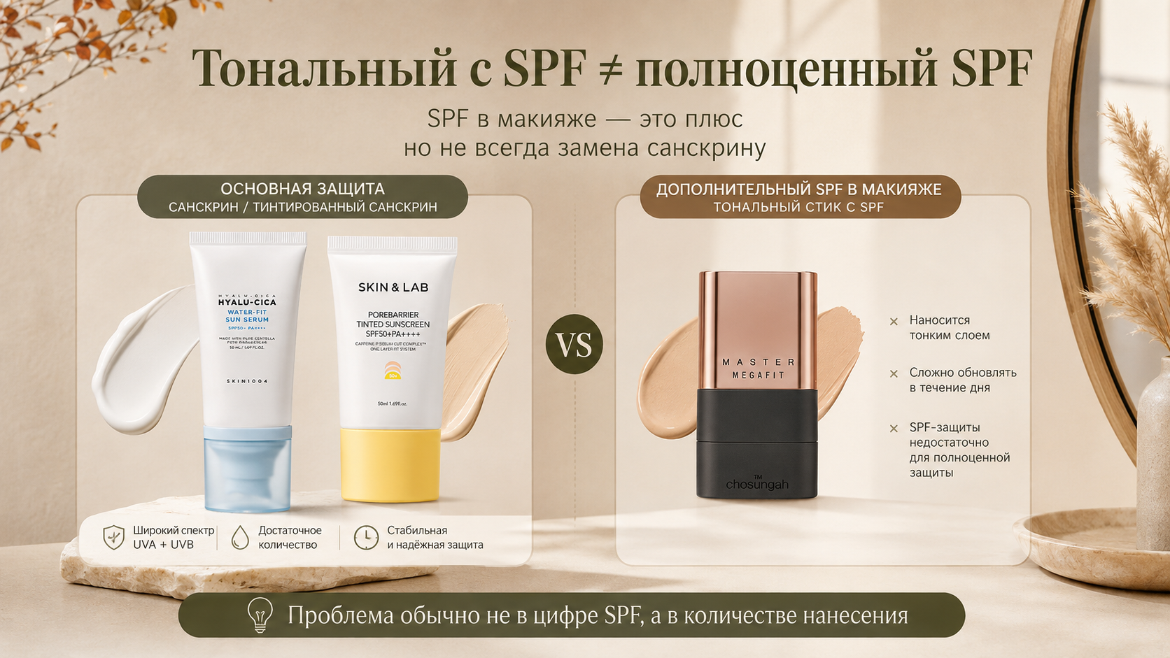 Почему тональный крем или стик с SPF не всегда заменяет отдельное солнцезащитное средство и как учитывать количество нанесения.