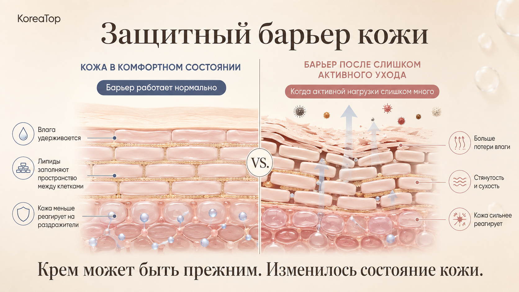Схема здорового и поврежденного защитного барьера кожи. Показаны клетки кожи, липидный слой, удержание влаги и повышенная потеря влаги при нарушении барьера, из-за которой кожа становится сухой и чувствительной.