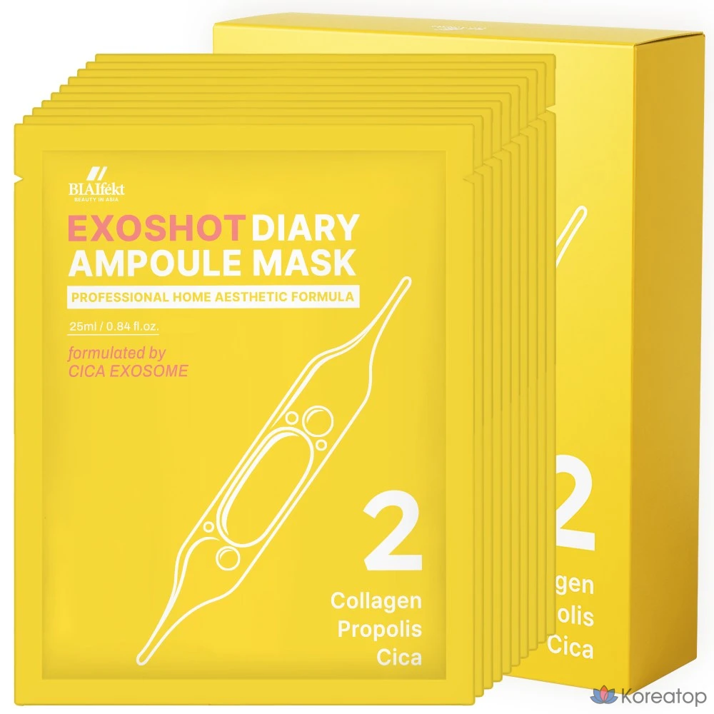 Тканевая маска для лица BIA EFFECT Exoshot Diary Ampoule Mask #2 Collagen Propolis Cica, 25 мл, 10 шт.