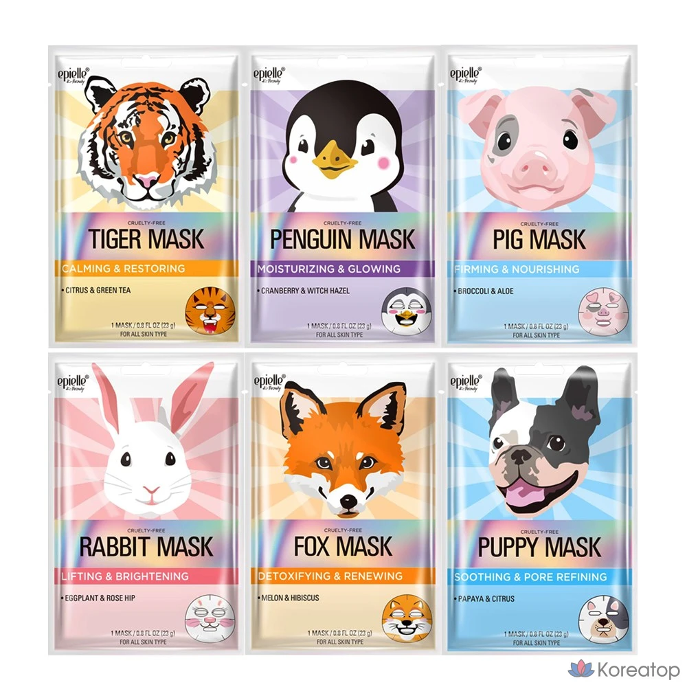 Тканевая маска для лица Epielle New Animal Character Mask, набор 6 шт.