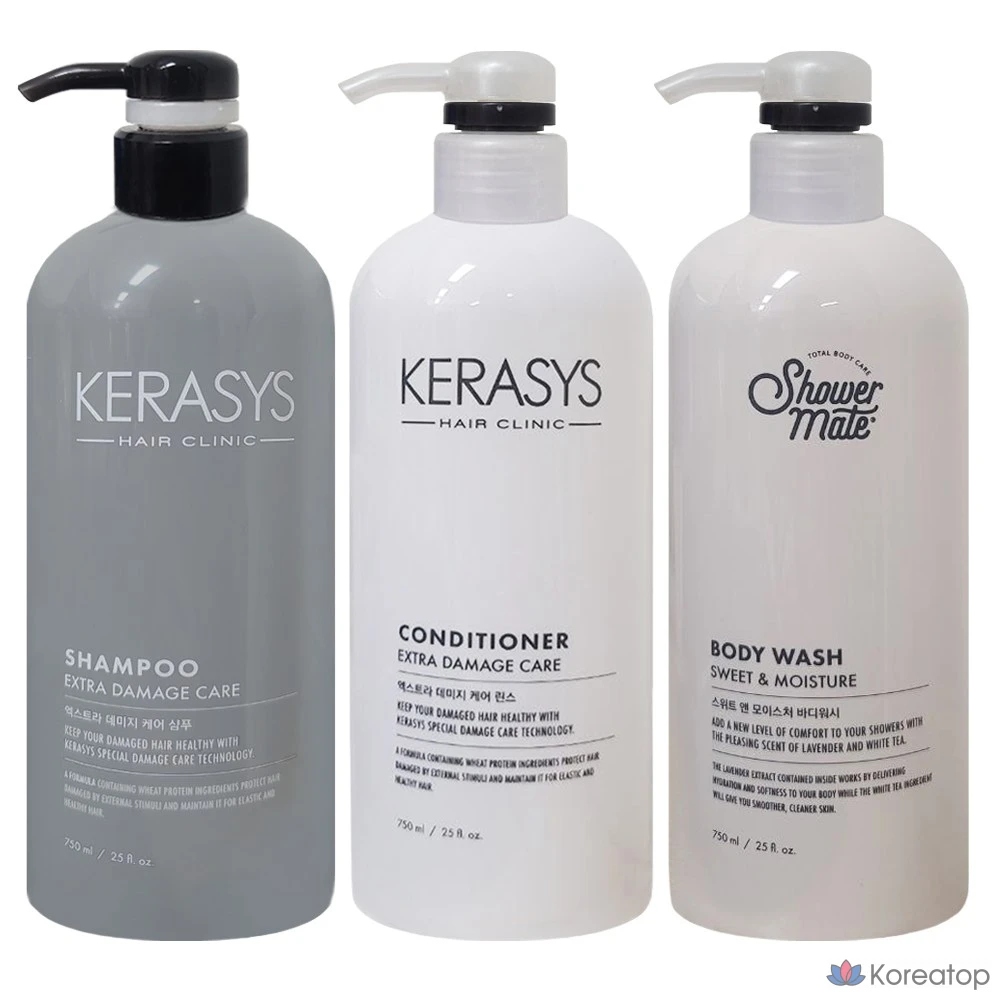Набор для ухода KeraSys Extra Damage Care 750ml Shampoo + Rinse + Body Wash, 4 шт.