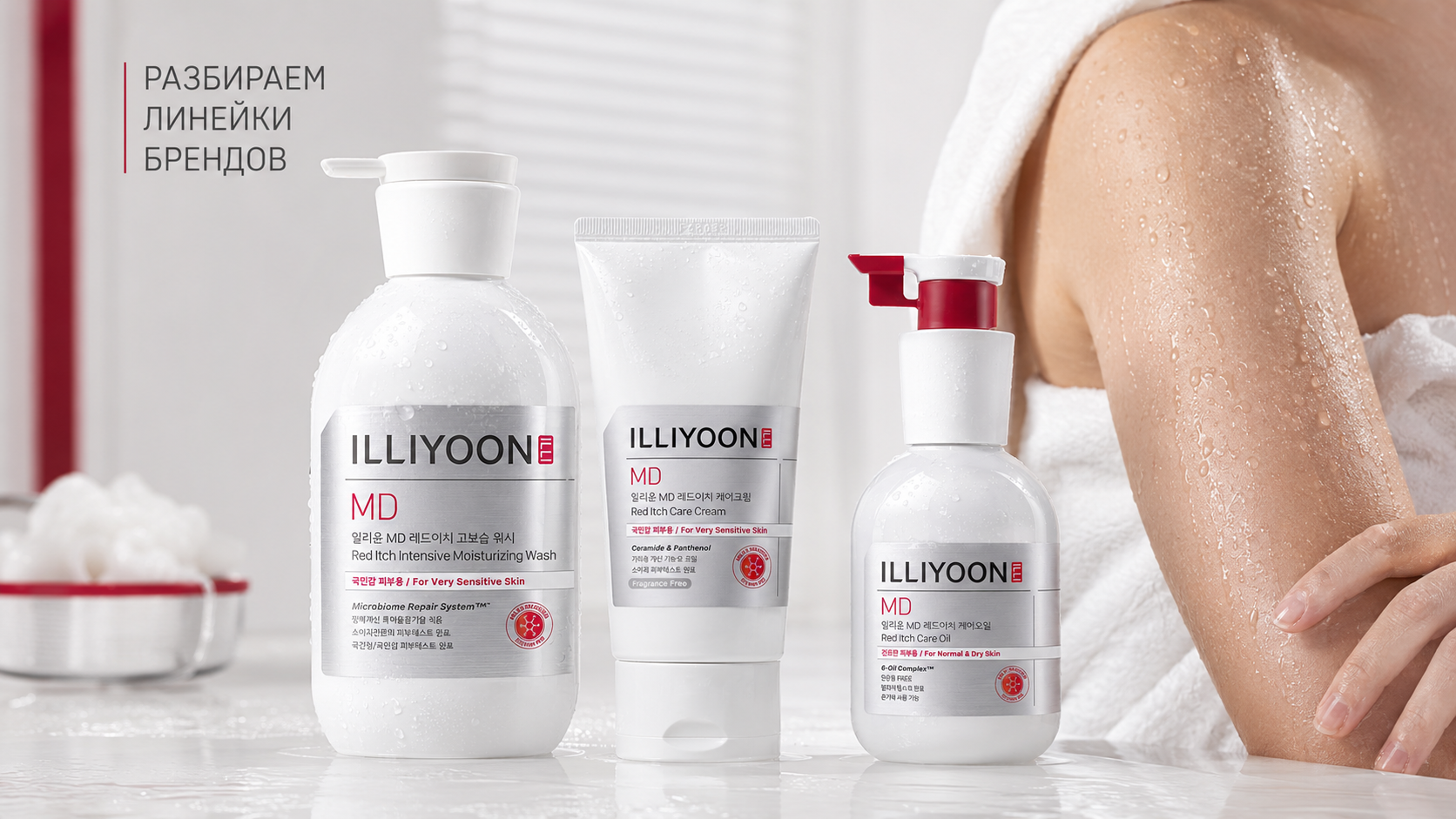 ILLIYOON MD Red Itch для сухой и чувствительной кожи тела: Wash, Care Cream и Care Oil как система ухода при сухости, стянутости и дискомфорте после душа.