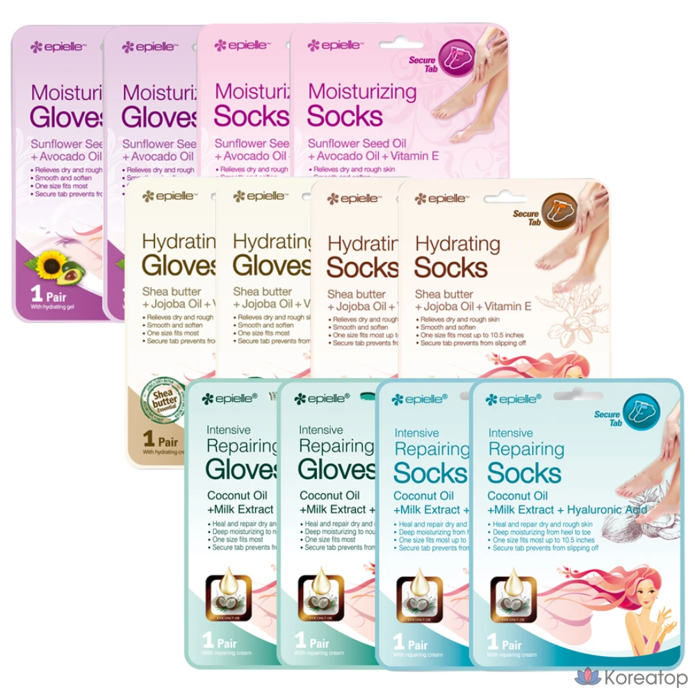 Набор для ухода Epielle Hand & Foot Mask Pack Moisturizing 4p + Hydrating 4p + Repairing 4p, 12 шт.